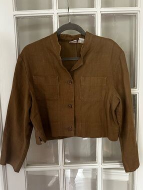 GAP Cropped Chest-Pocket Jacket Linen Crop Top Brown Vintage Medium